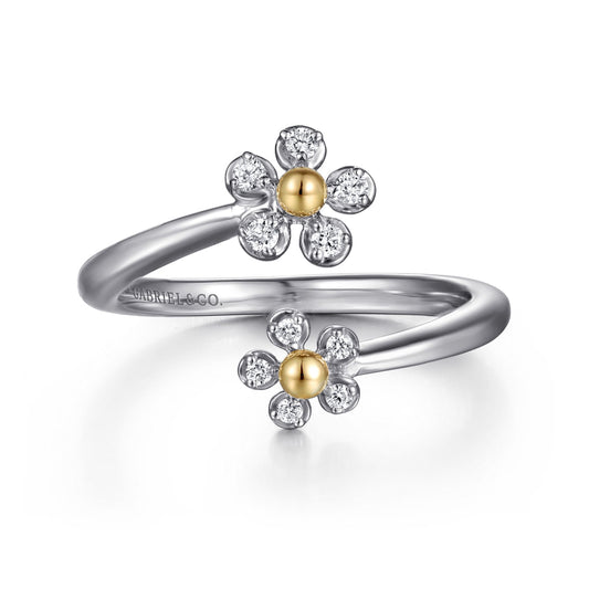 Gabriel & Co. 14K Yellow Gold 925 Sterling Silver Diamond Flower Bypass Ring LR52855MZ5JJ