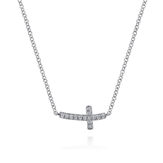 Gabriel & Co. 14K White Gold Sideways Curved Diamond Cross Necklace NK4345W45JJ