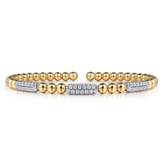 Gabriel & Co. 14K White and Yellow Gold Diamond Pave Three Station Bar Bujukan Beads Split Bangle Bracelet BG4974-57M45JJ