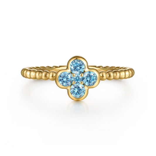 Gabriel & co 14K Yellow Gold Blue Topaz Cluster Clover and Bujukan Bead Stackable Ring LR52876Y4JBT