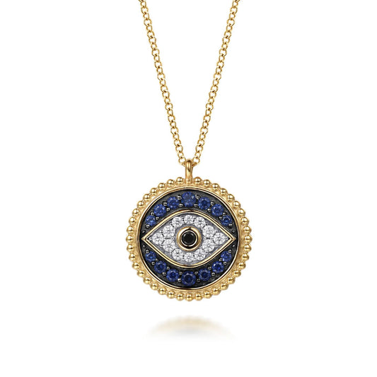 Gabriel & co 14K Yellow Gold Bujukan Diamond Blue Sapphire and Black Spinel Evil Eye Pendant Necklace NK8093Y45MC