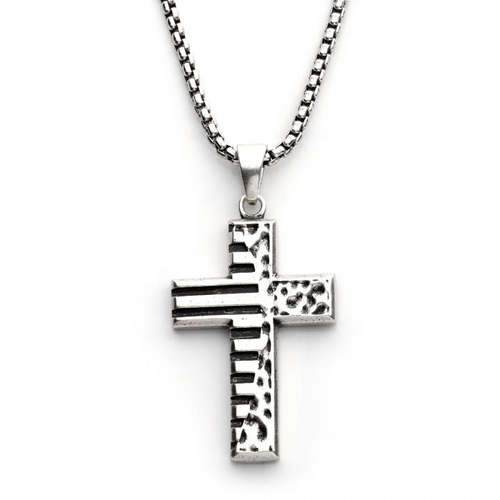 Silver Oxidized Coin Stamped Cross Pendant with Box Chain 20’’-22’’