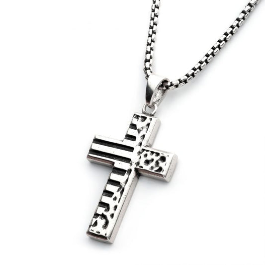 Silver Oxidized Coin Stamped Cross Pendant with Box Chain 20’’-22’’